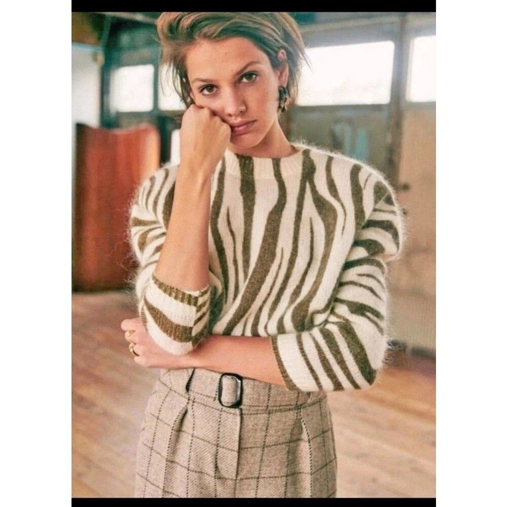 Sezane Indiana Jumper Mohair Mix Zebra Stripe Sweater Small Cream Taupe Wool
